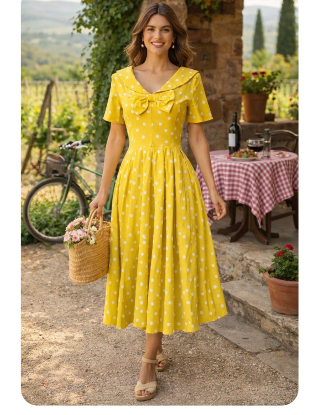 Gown Town Yellow Polka Dot Dress Size S Retro Fit & Flare Bow Bright Neon